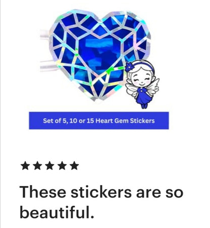 Blue Sapphire Heart Stickers, set of 5 sparkling gem decals.