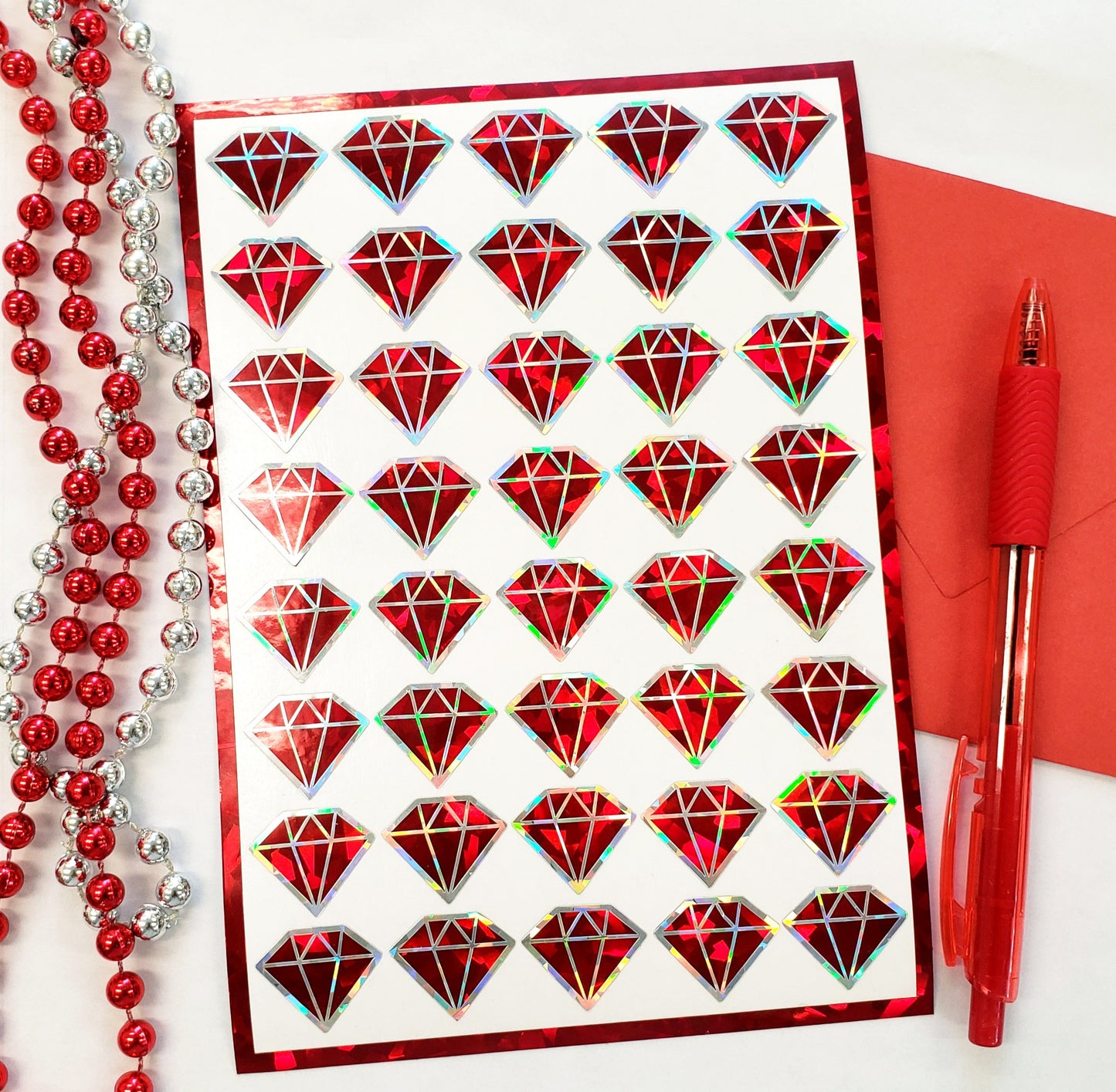 Red ruby diamond shaped stickers. Set of 40.