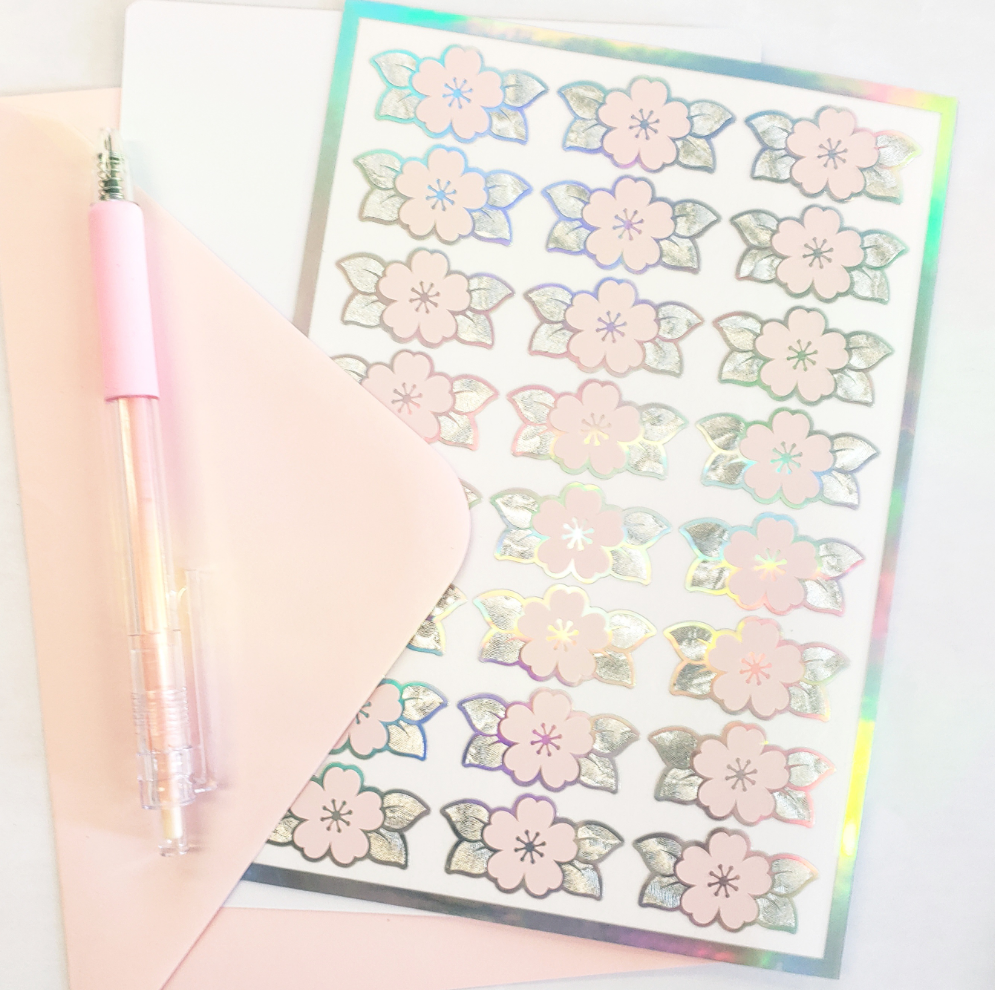 Cherry Blossom Stickers, set of 24 pink and silver.