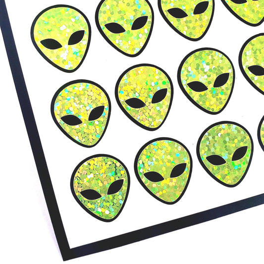 Alien Head Stickers, set of 42 sparkly space alien stickers for cards, invitations journals and scrapbook pages.