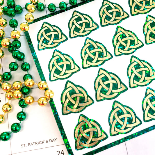 Celtic Trinity Knot Stickers – 20 Gold Knot Stickers on Sparkly Green Background – Irish Symbol – Peel & Stick Vinyl.