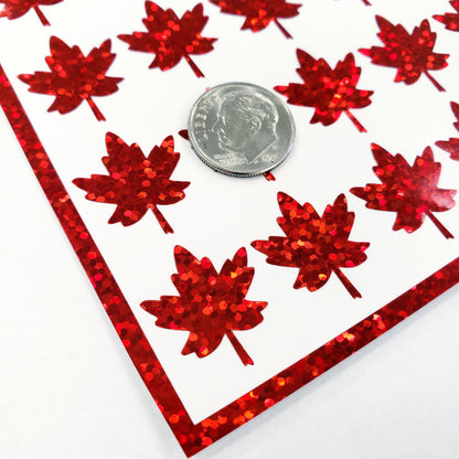 Red Maple Leaf Stickers, set of 45 leaf glitter stickers for Autumn weddings, fall decor, planners, scrapbook pages.