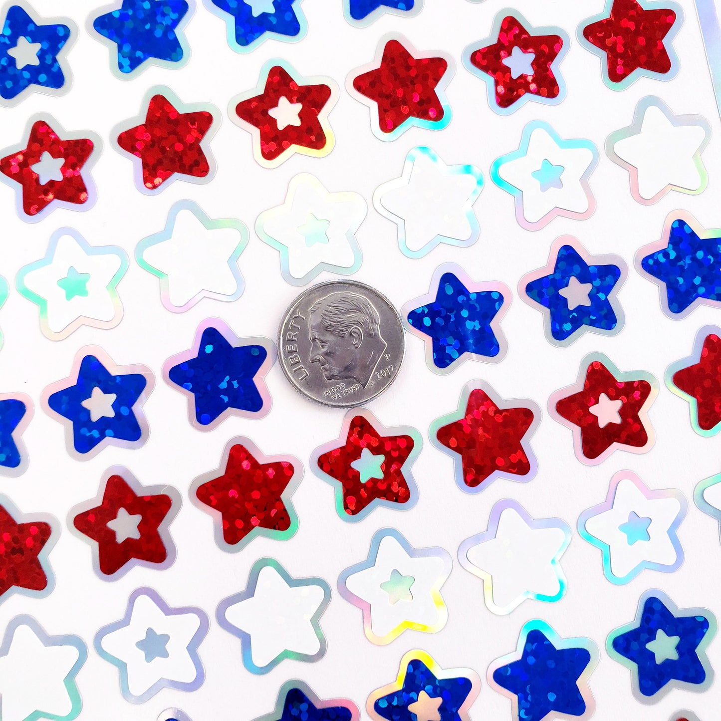 Star Stickers, set of 70 patriotic red, white, and blue stars for Memorial Day, July 4th, American Flag Decor, Glitter Sticker Sheet.