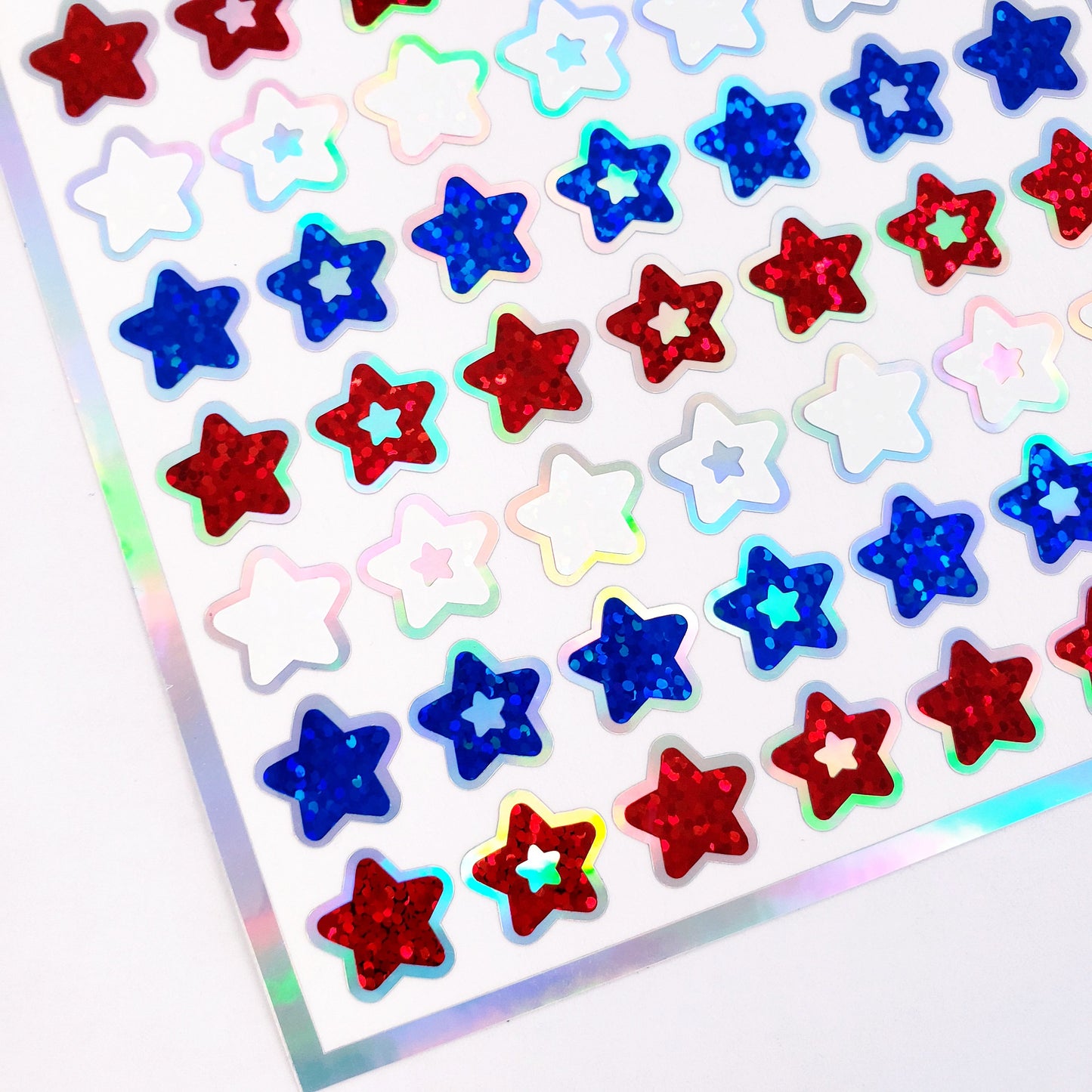 Star Stickers, set of 70 patriotic red, white, and blue stars for Memorial Day, July 4th, American Flag Decor, Glitter Sticker Sheet.