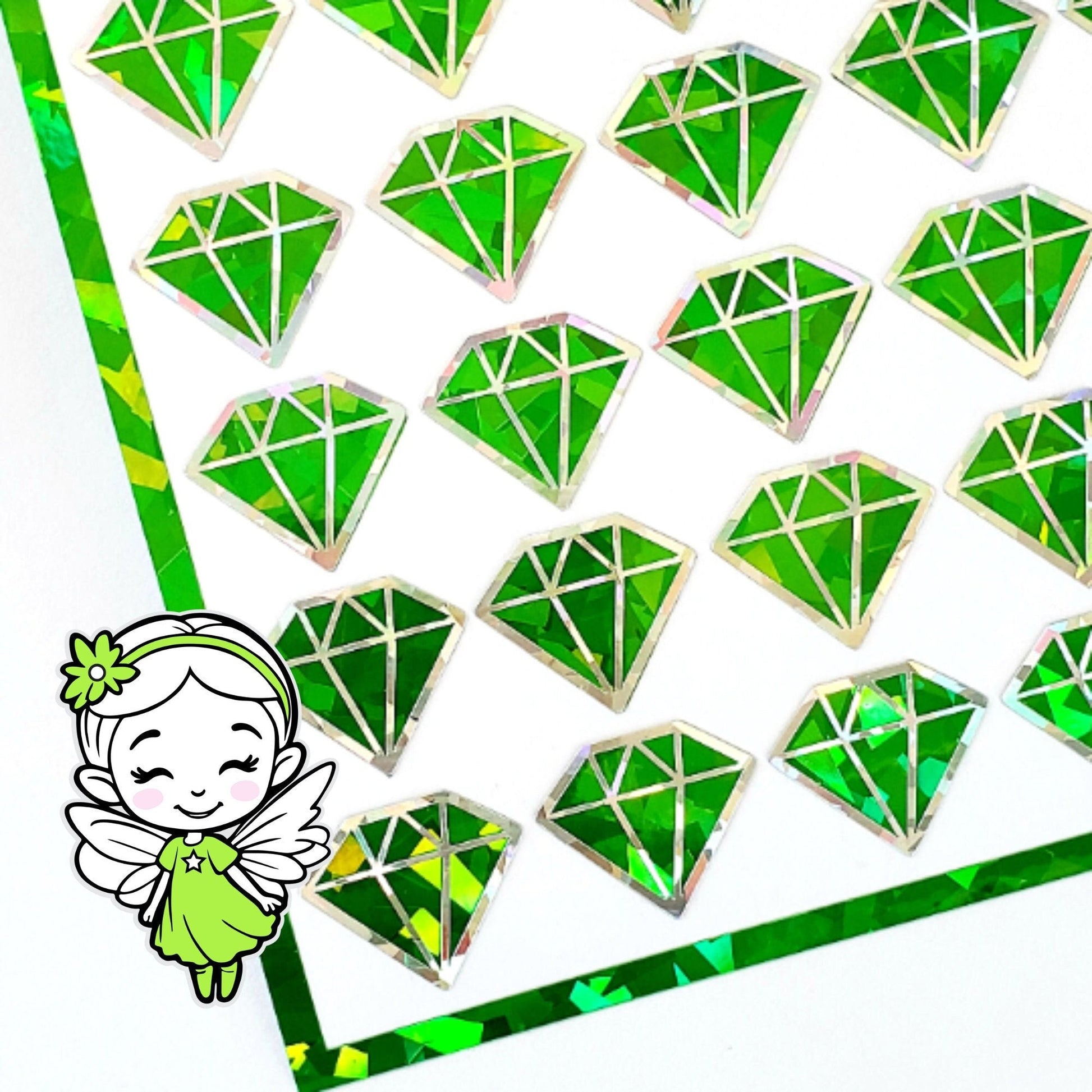 Green Crystal Jewel Stickers, set of 40 sparkly peridot birthstone stickers for August birthday, Virgo zodiac gift, diamond shape stickers.