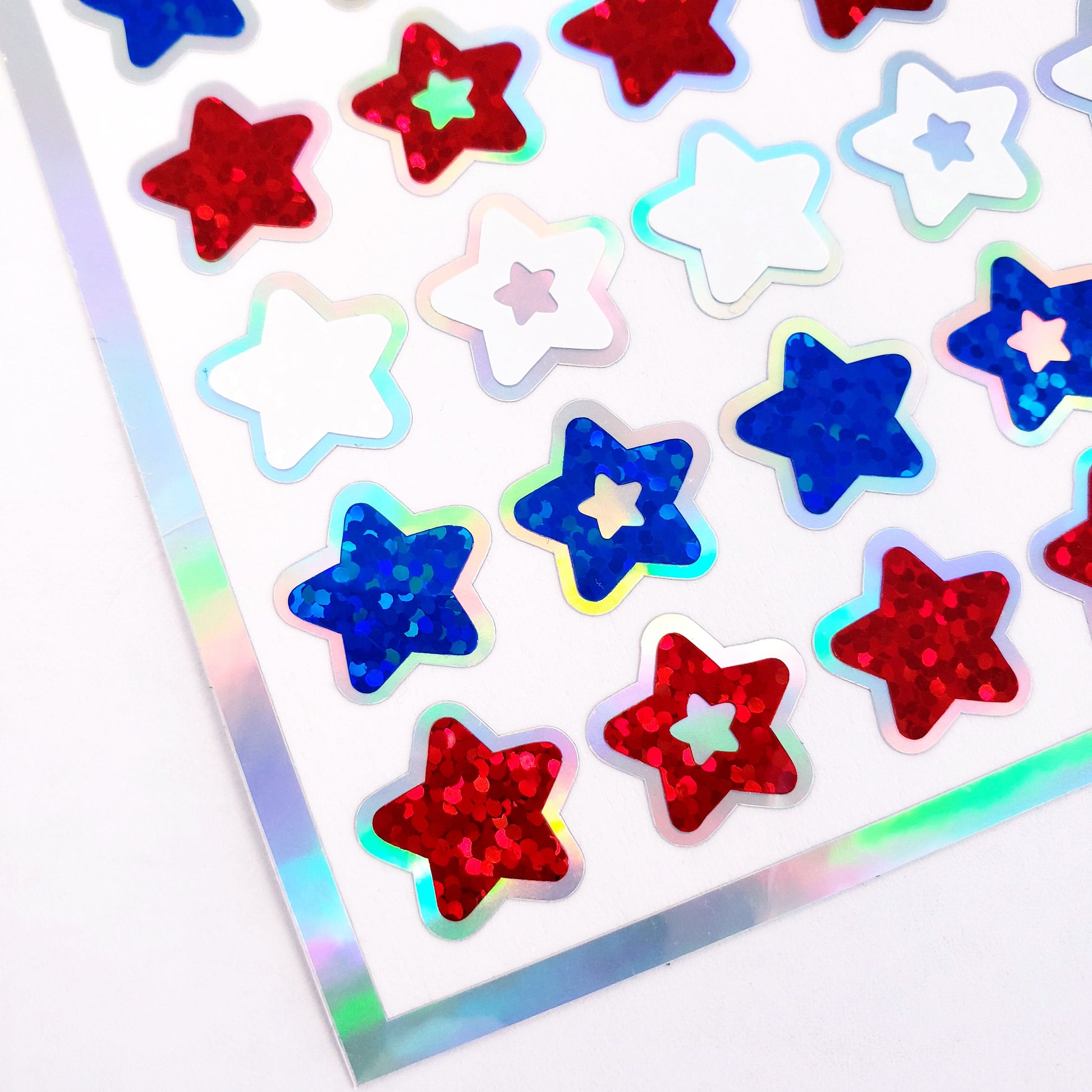 Star Stickers, set of 70 patriotic red, white, and blue stars for Memorial Day, July 4th, American Flag Decor, Glitter Sticker Sheet.