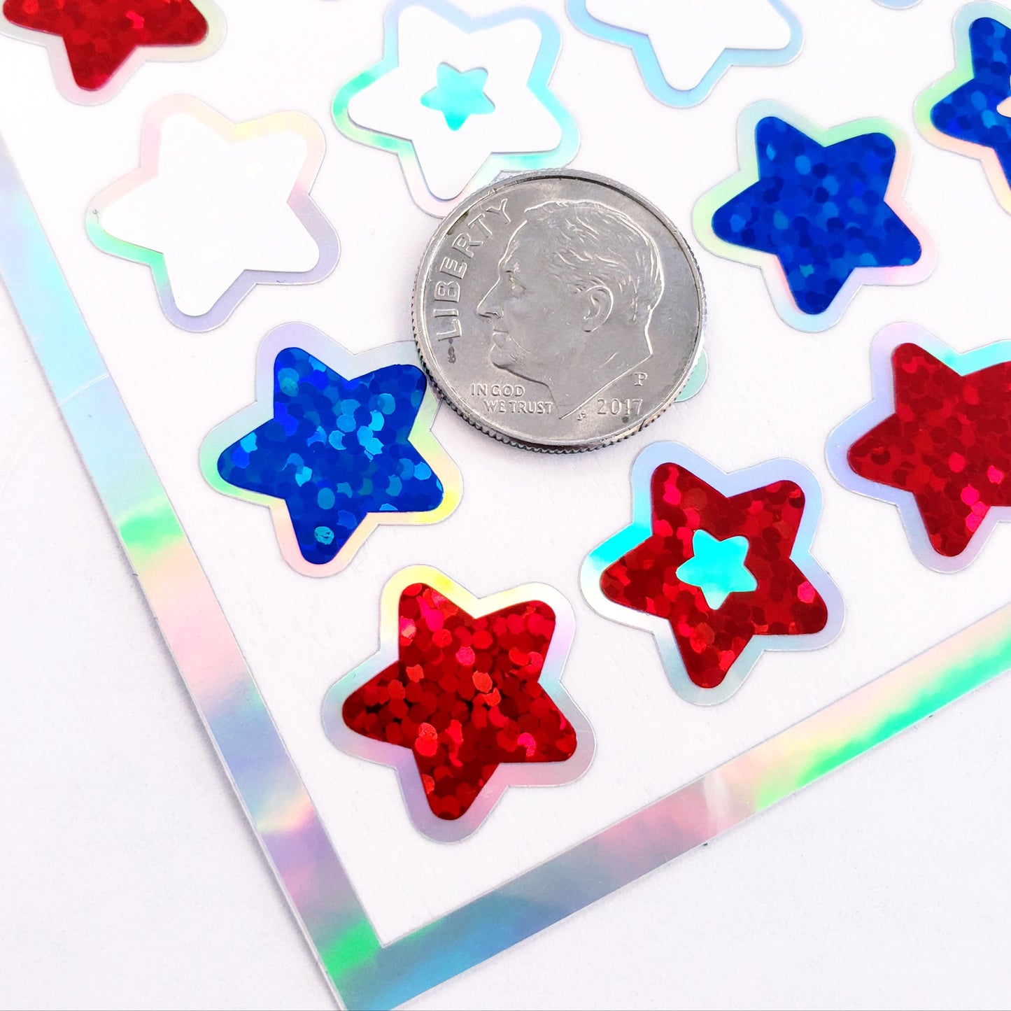 Star Stickers, set of 70 patriotic red, white, and blue stars for Memorial Day, July 4th, American Flag Decor, Glitter Sticker Sheet.