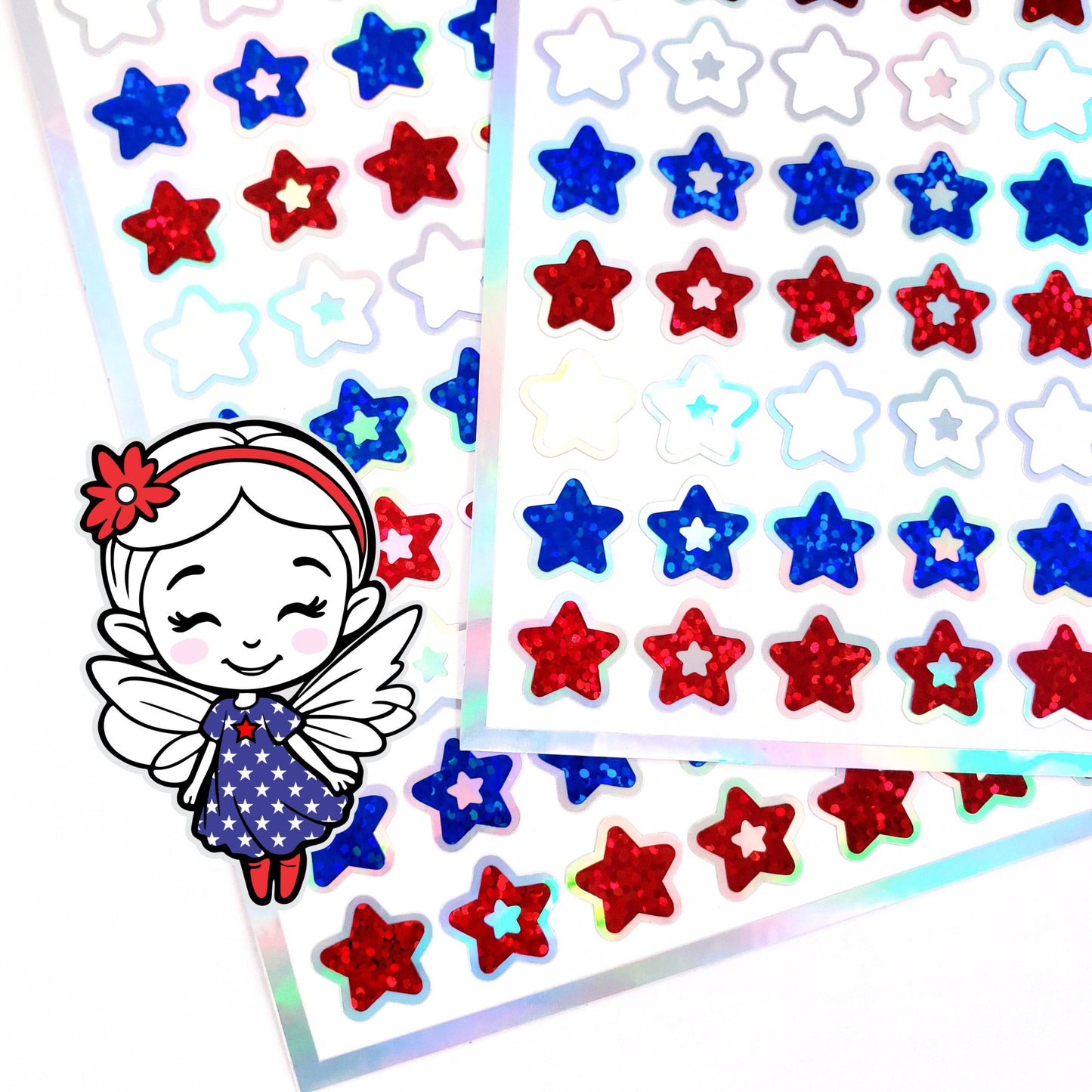 Star Stickers, set of 70 patriotic red, white, and blue stars for Memorial Day, July 4th, American Flag Decor, Glitter Sticker Sheet.