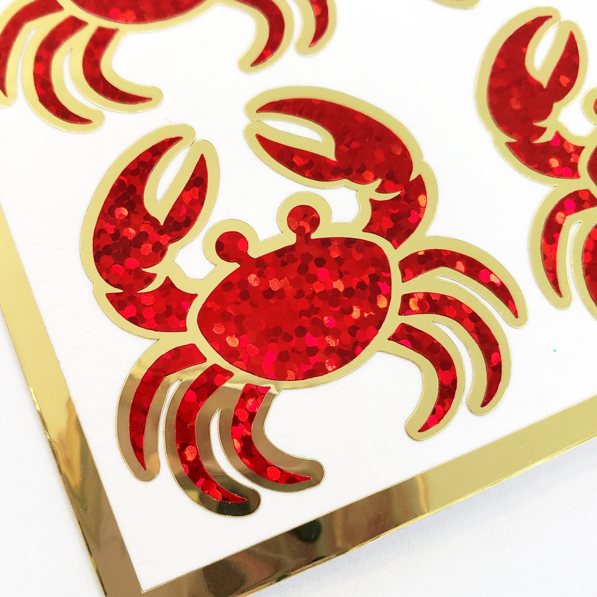Crab Stickers, set of 12 sparkly red and gold vinyl decals for beach party, envelope seals, journals, laptop stickers, coastal decor.