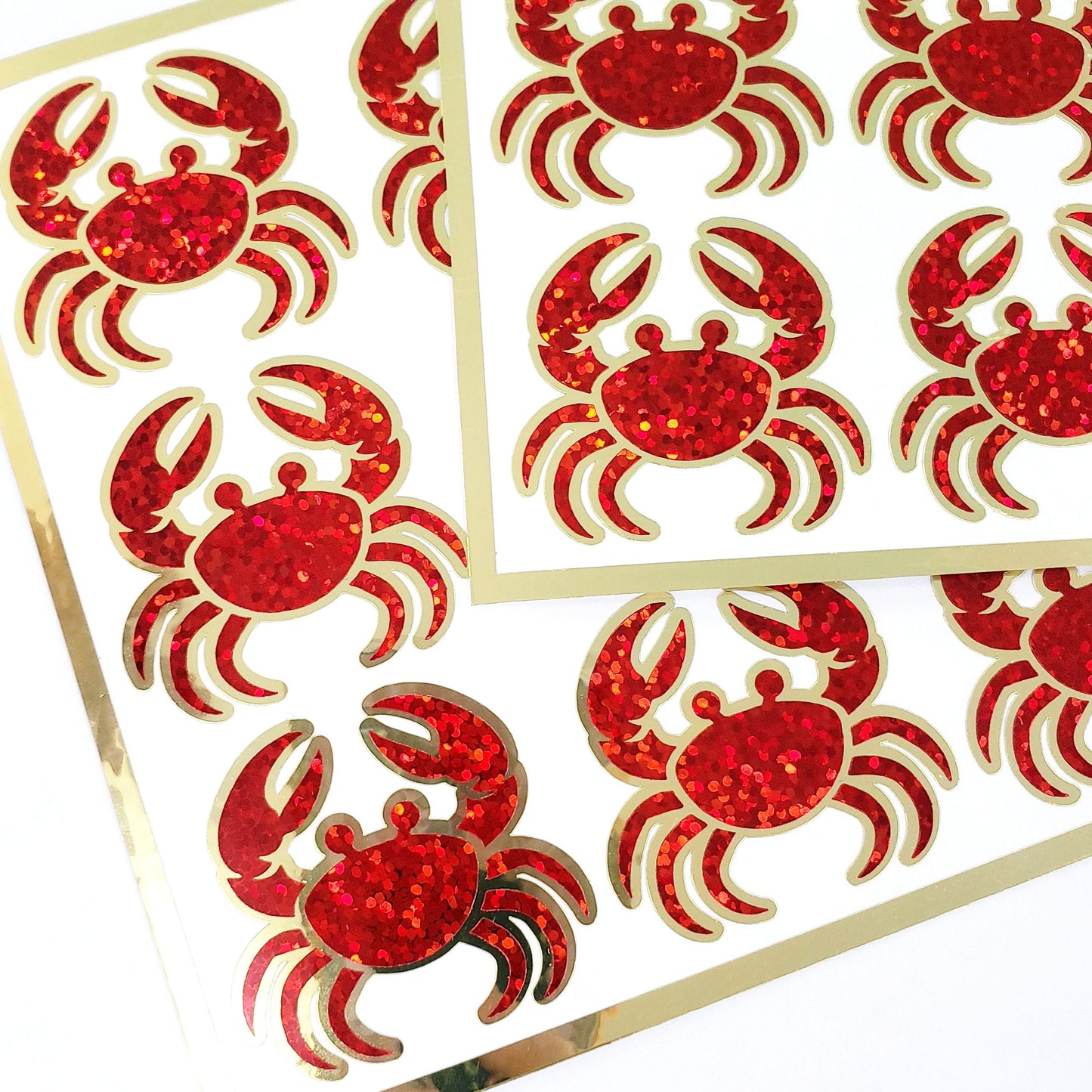 Crab Stickers, set of 12 sparkly red and gold vinyl decals for beach party, envelope seals, journals, laptop stickers, coastal decor.