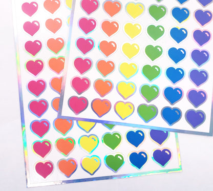 Heart Stickers, set of 60 small vinyl kawaii style hearts for invitations, envelopes, journals, scrapbook embellishments, rainbow hearts.