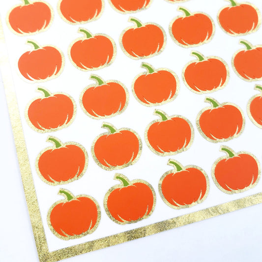 Orange Pumpkin Stickers, set of 54 small pumpkin vinyl decals for fall paper crafts, journals, Autumn weddings, Halloween stickers.