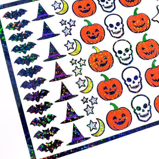 Halloween Stickers, set of 68 spooky sparkly glitter stickers of ghosts, bats, witch hats, pumpkins and skulls for fall and October 31.