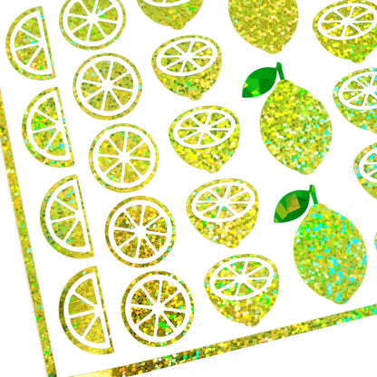 Lemon Stickers, set of 31 sparkly summer fruit decals, yellow citrus lemonade stickers.