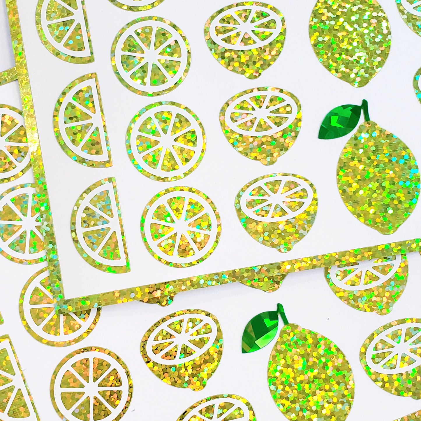 Lemon Stickers, set of 31 sparkly summer fruit decals, yellow citrus lemonade stickers.