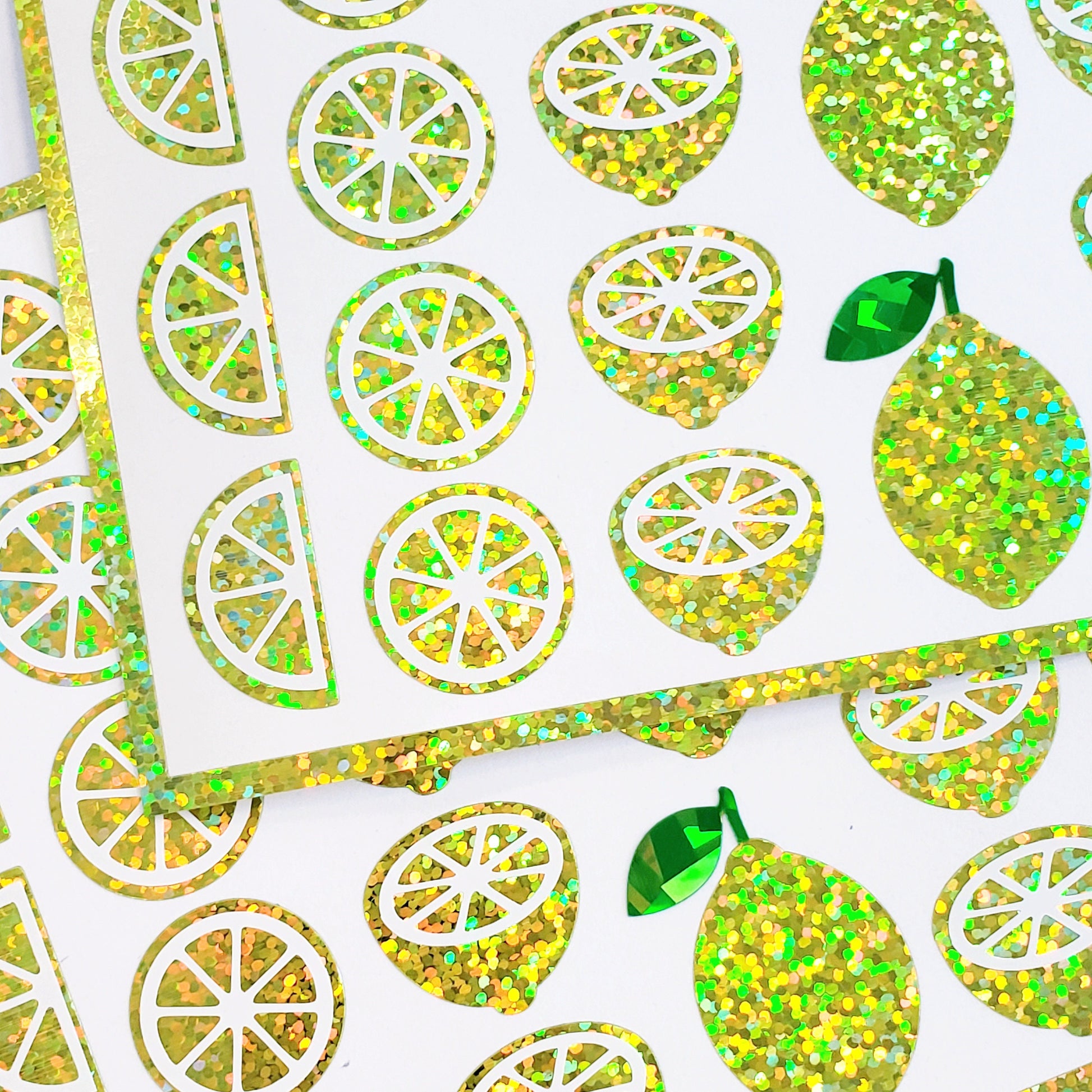 Lemon Stickers, set of 31 sparkly summer fruit decals, yellow citrus lemonade stickers.