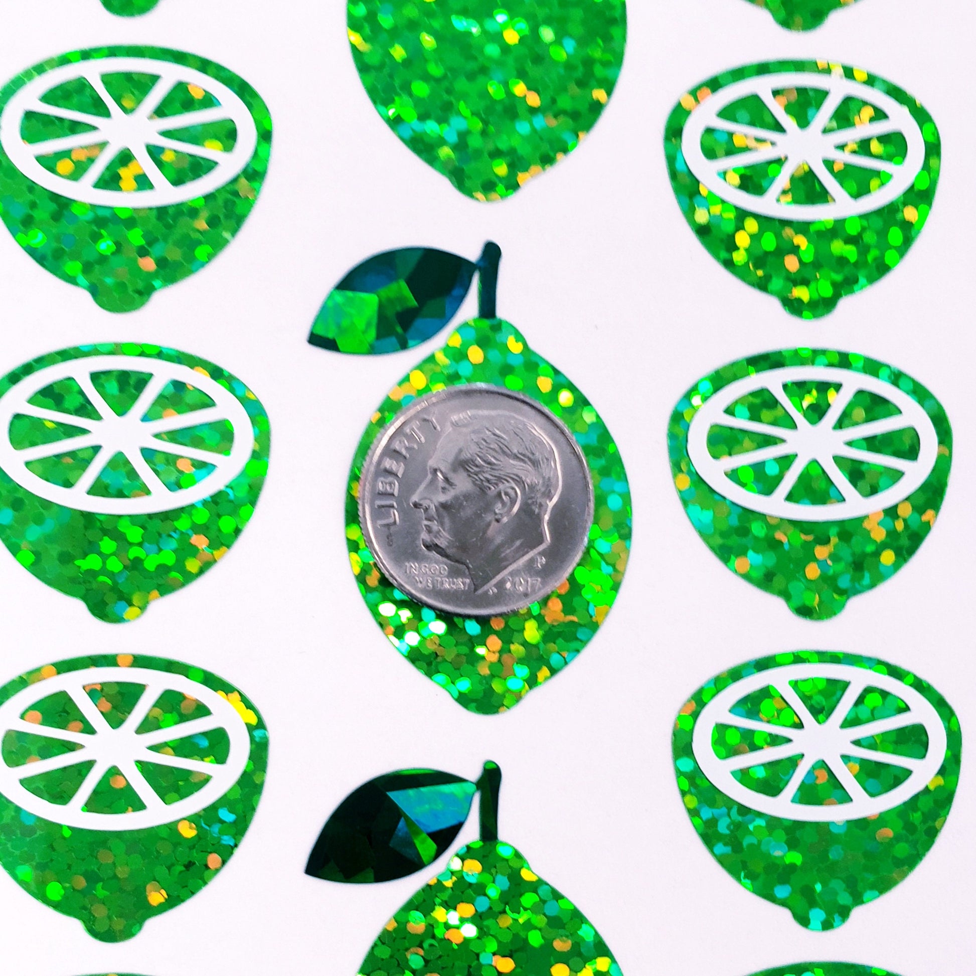 Lime Stickers, set of 31 sparkly green citrus stickers, peel and-stick fruit labels, vinyl decals.