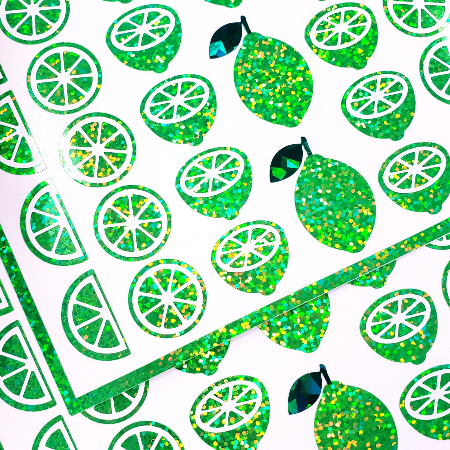 Lime Stickers, set of 31 sparkly green citrus stickers, peel and-stick fruit labels, vinyl decals.