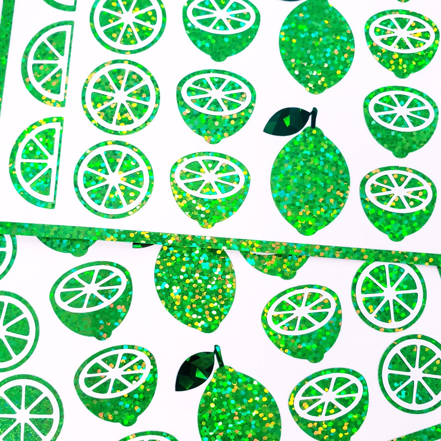 Lime Stickers, set of 31 sparkly green citrus stickers, peel and-stick fruit labels, vinyl decals.