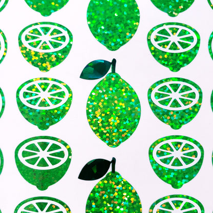 Lime Stickers, set of 31 sparkly green citrus stickers, peel and-stick fruit labels, vinyl decals.