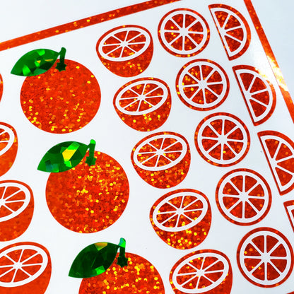 Orange Stickers, set of 31 peel-and-stick summer fruit, vinyl decals, orange citrus glitter stickers.