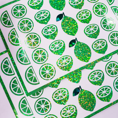 Lime Stickers, set of 31 sparkly green citrus stickers, peel and-stick fruit labels, vinyl decals.