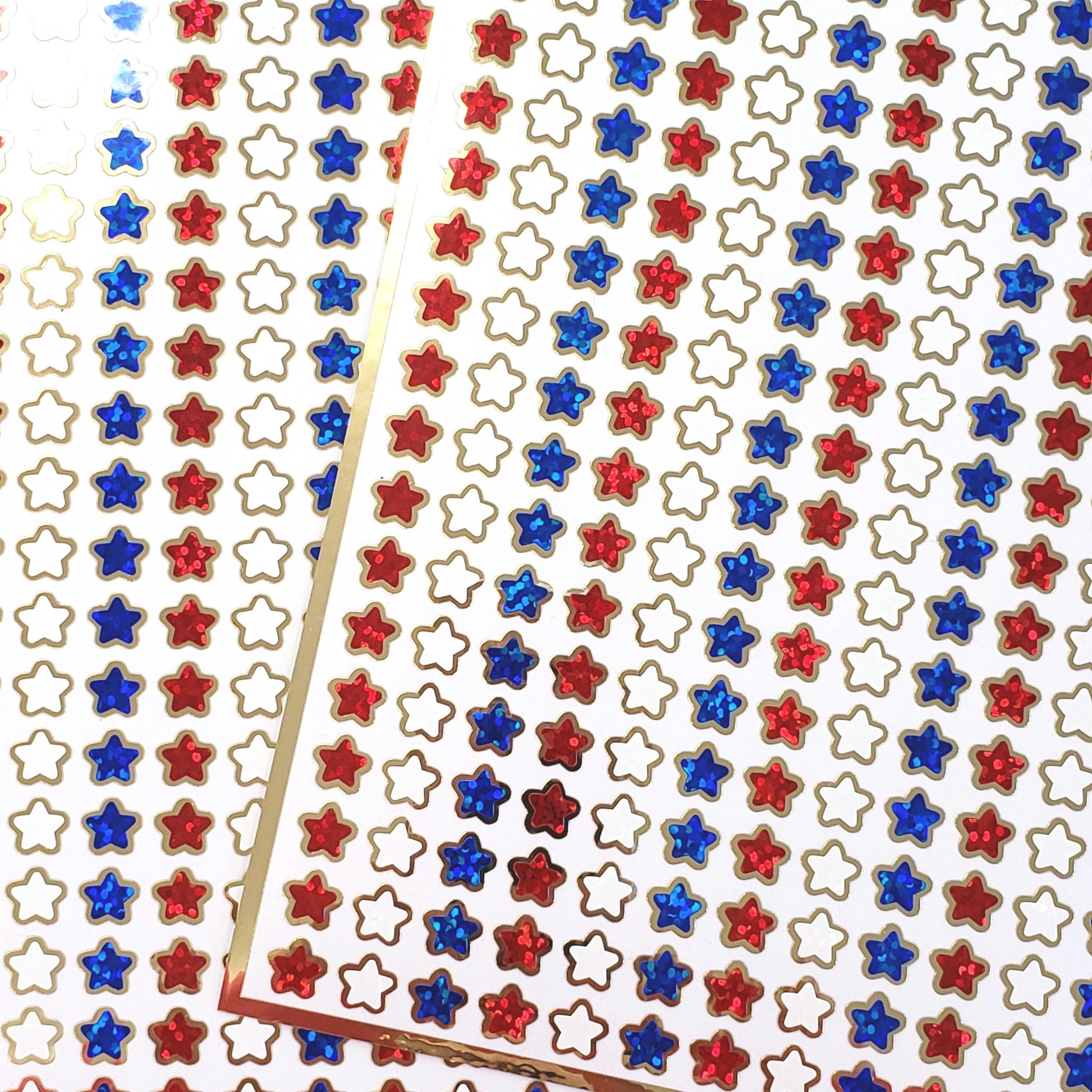 Extra Small Patriotic Star Stickers, set of 216 sparkly red, white and blue waterproof stars with gold outline, 8mm stars.