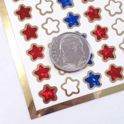 Extra Small Patriotic Star Stickers, set of 216 sparkly red, white and blue waterproof stars with gold outline, 8mm stars.