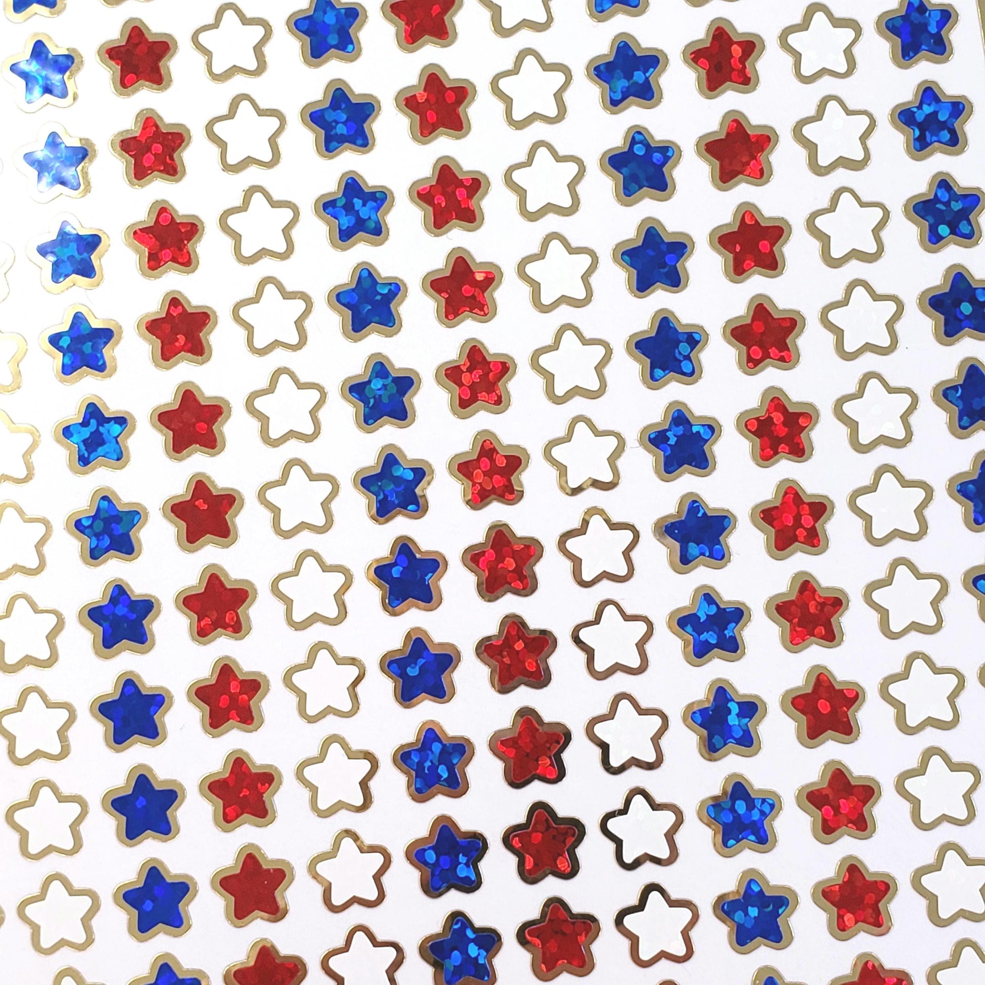 Extra Small Patriotic Star Stickers, set of 216 sparkly red, white and blue waterproof stars with gold outline, 8mm stars.