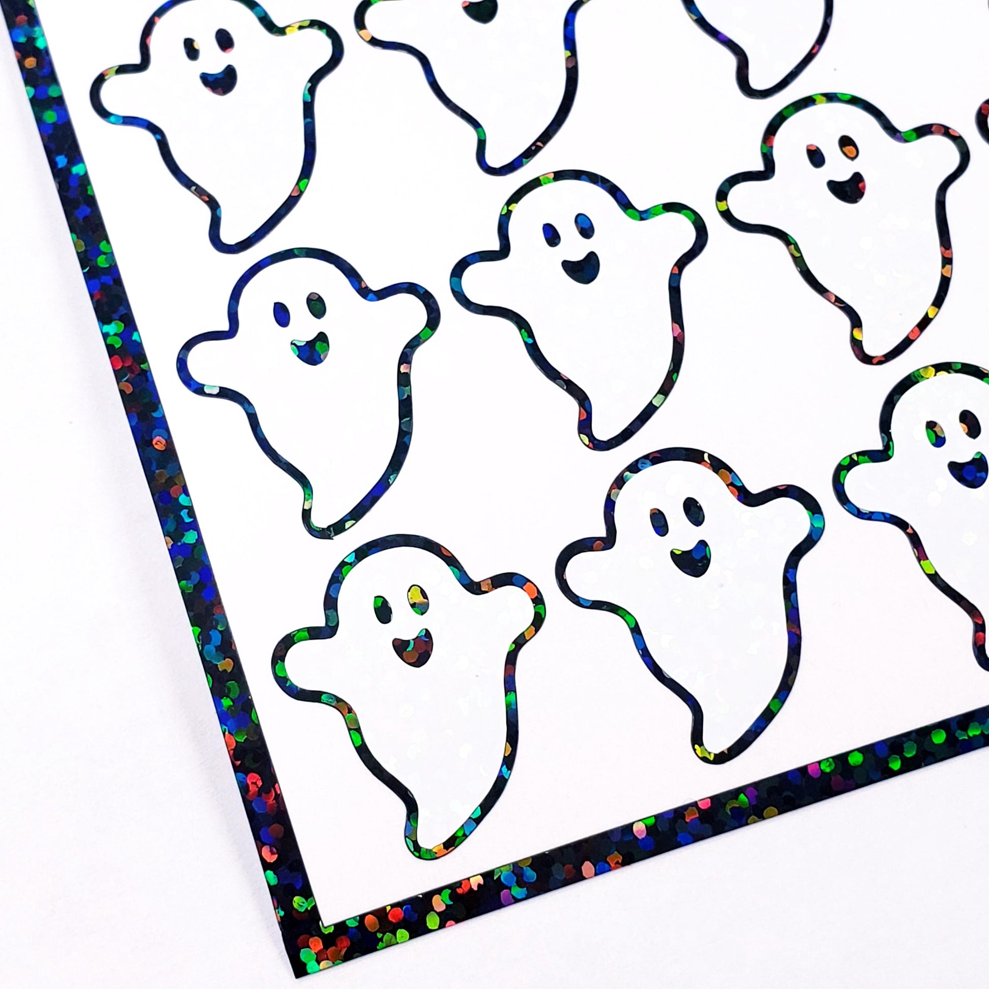 Happy Flying Ghost Stickers, set of 30 sparkly stickers for Halloween decor, trick or treat bags, paper crafts and scrapbook pages.