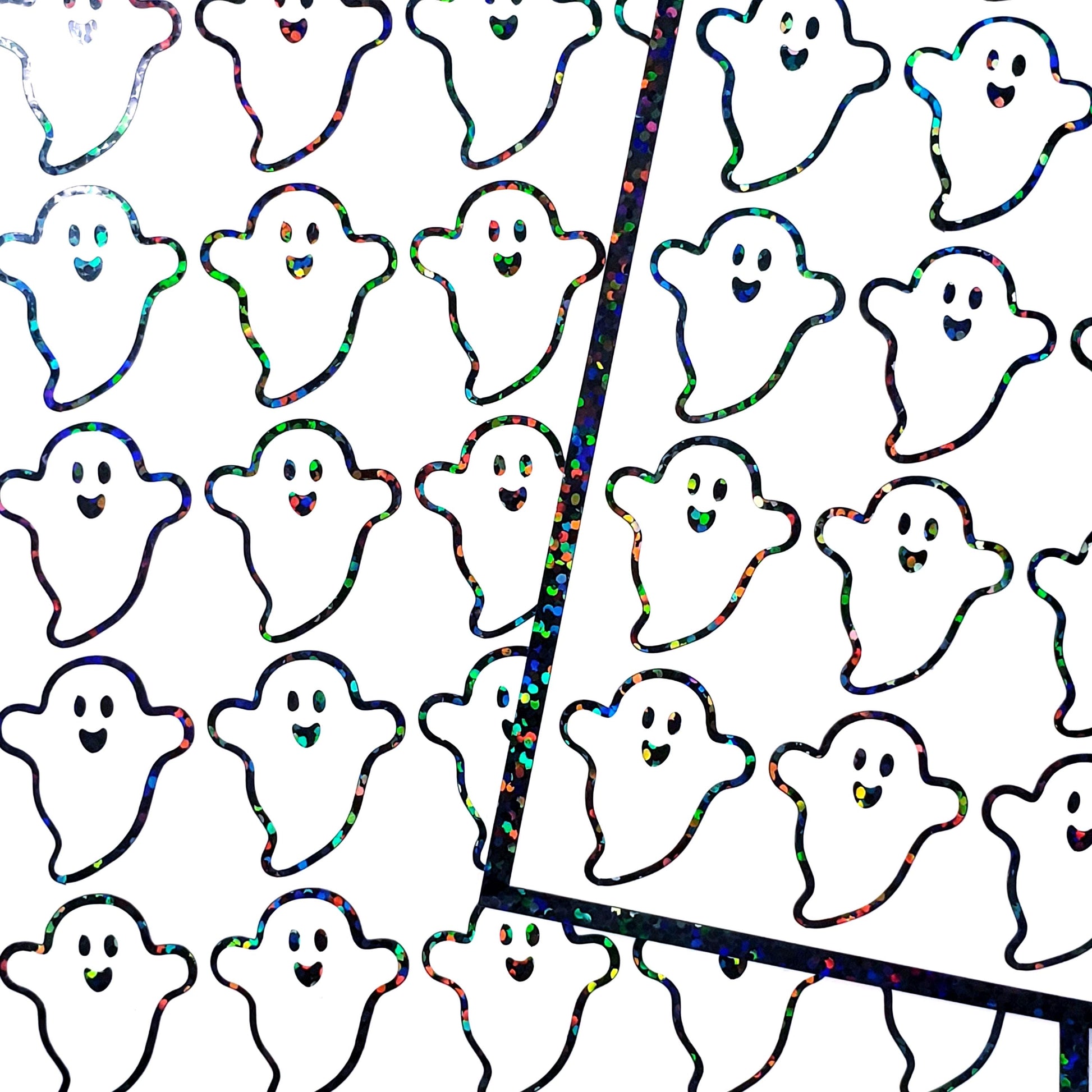 Happy Flying Ghost Stickers, set of 30 sparkly stickers for Halloween decor, trick or treat bags, paper crafts and scrapbook pages.