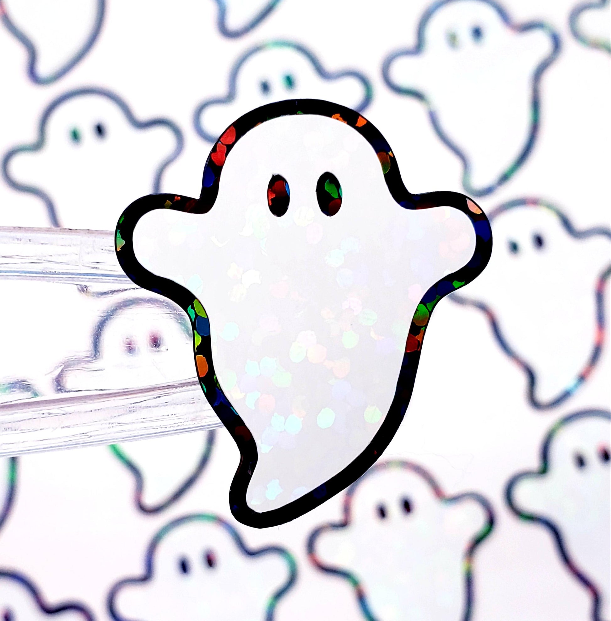 Cute Flying Ghost Stickers, set of 30 sparkly stickers for Halloween decor, trick or treat bags, paper crafts and scrapbook pages.