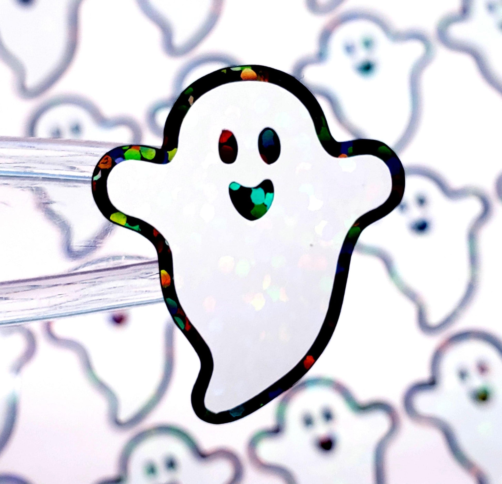 Happy Flying Ghost Stickers, set of 30 sparkly stickers for Halloween decor, trick or treat bags, paper crafts and scrapbook pages.