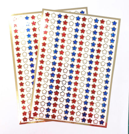 Extra Small Patriotic Star Stickers, set of 216 sparkly red, white and blue waterproof stars with gold outline, 8mm stars.