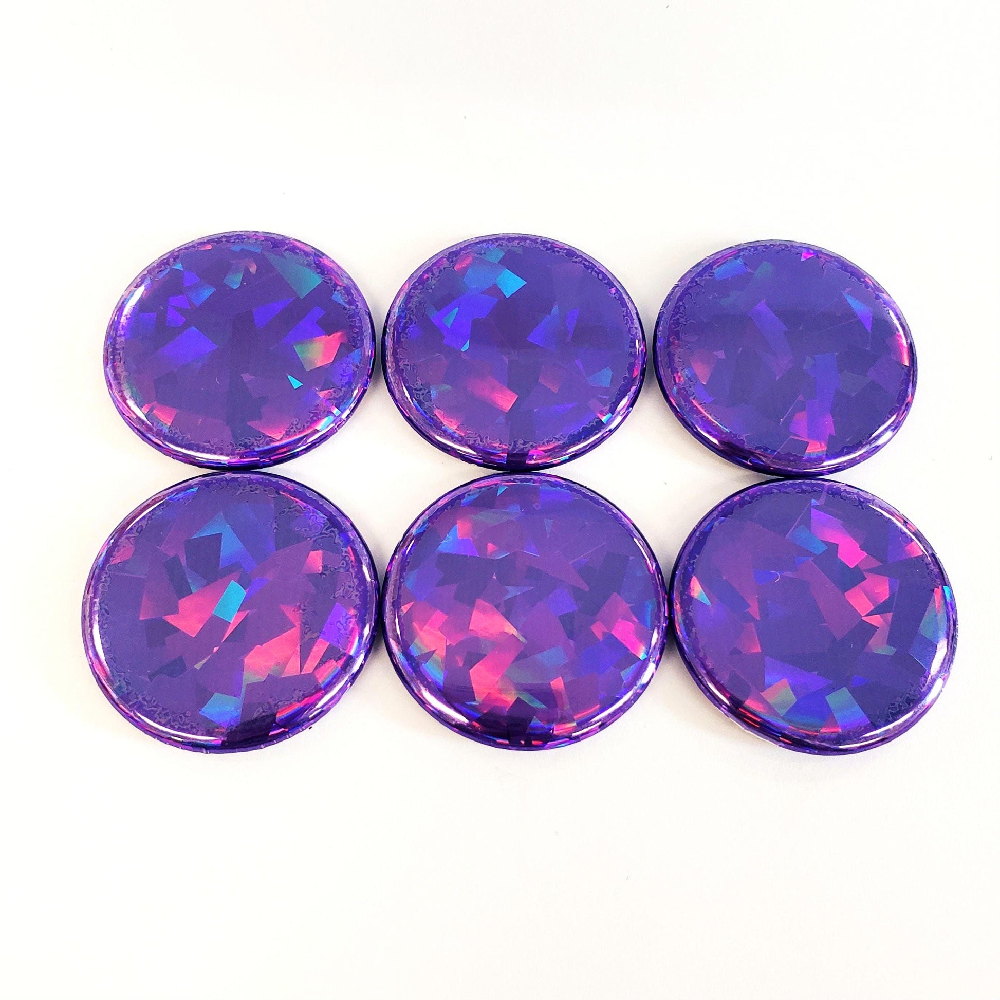 Set of 6 Purple Round Button Fridge Magnet Set, black metal gift tin included