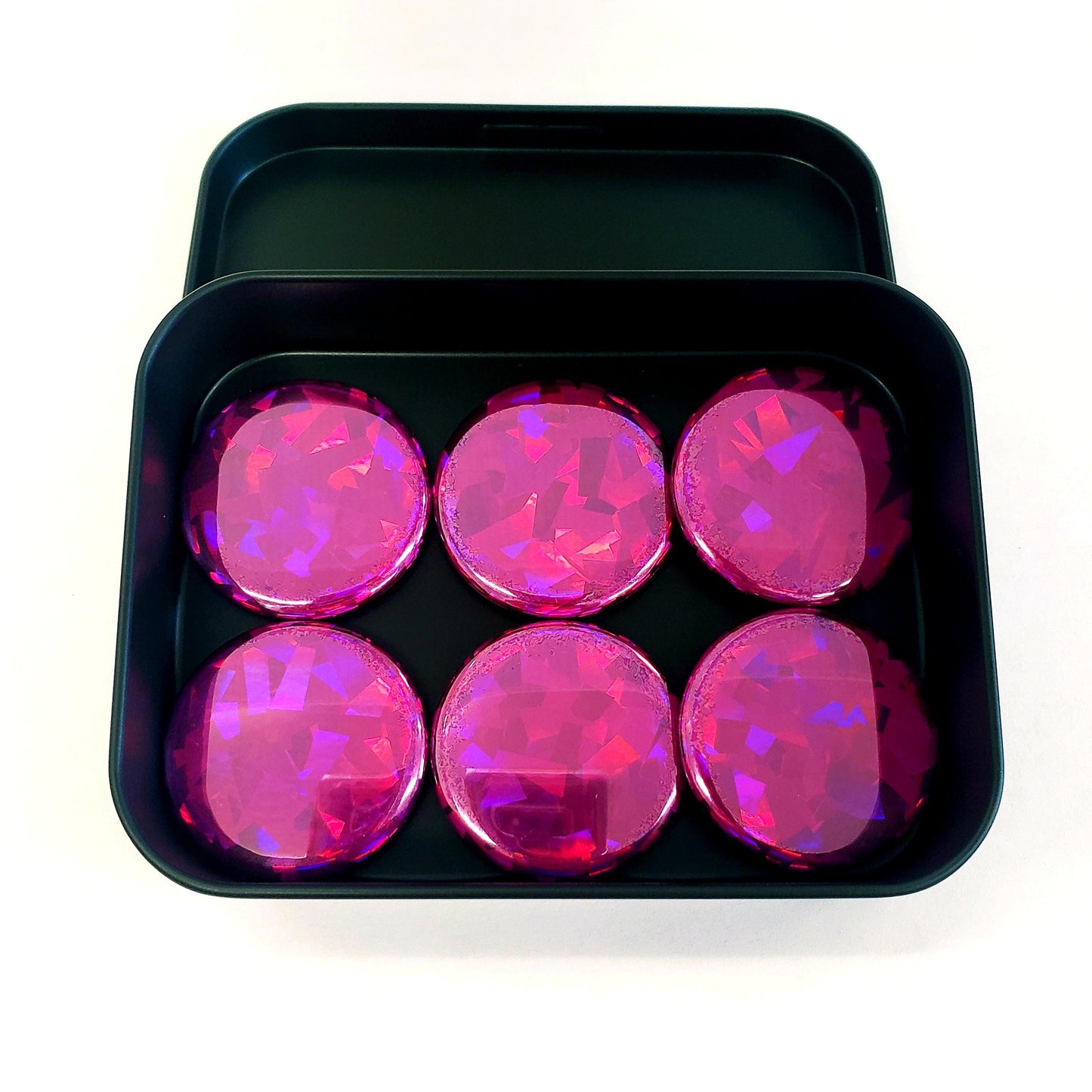 Set of 6 Hot Pink Round Button Fridge Magnet Set, black metal gift tin included