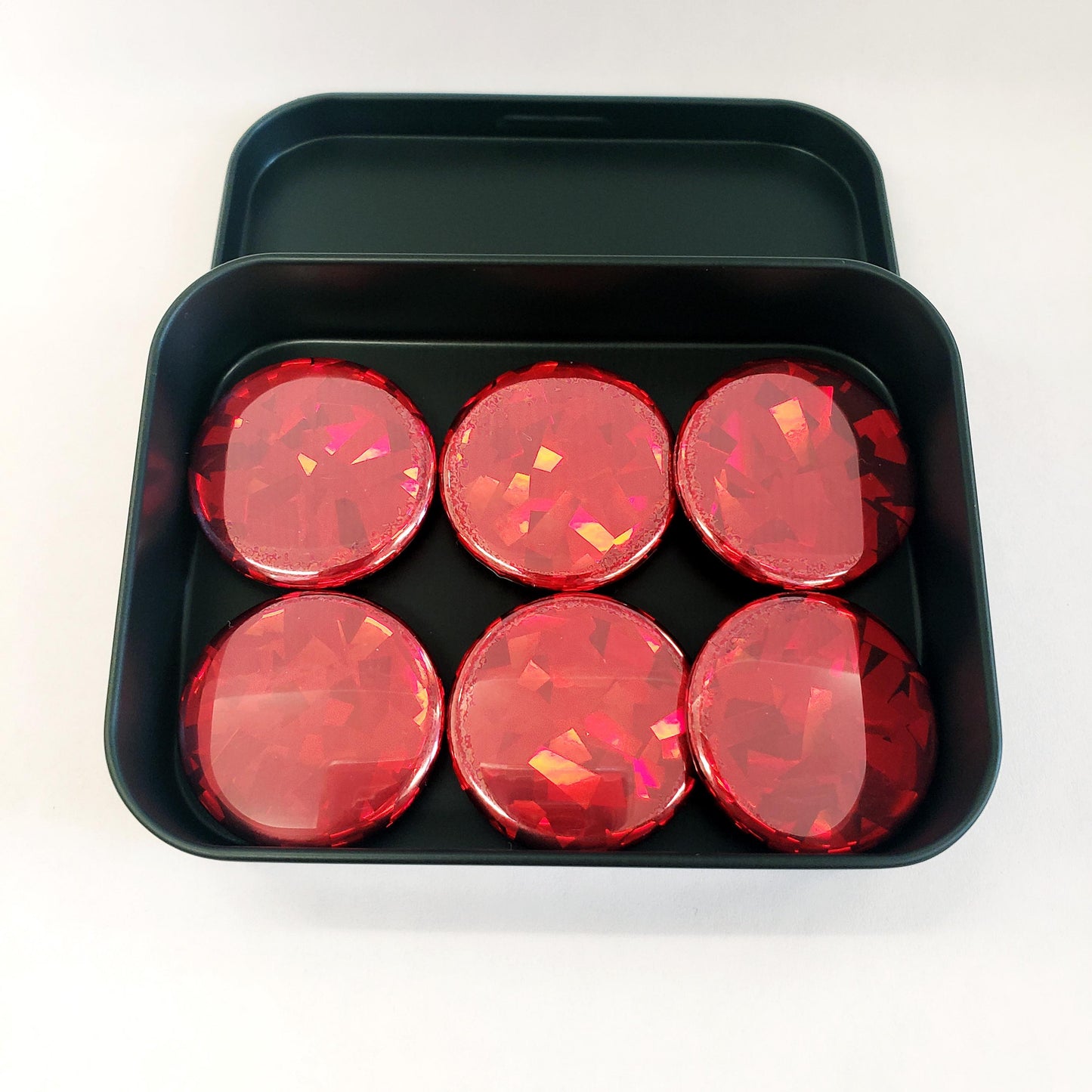 Set of 6 Red Round Button Fridge Magnet Set, black metal gift tin included