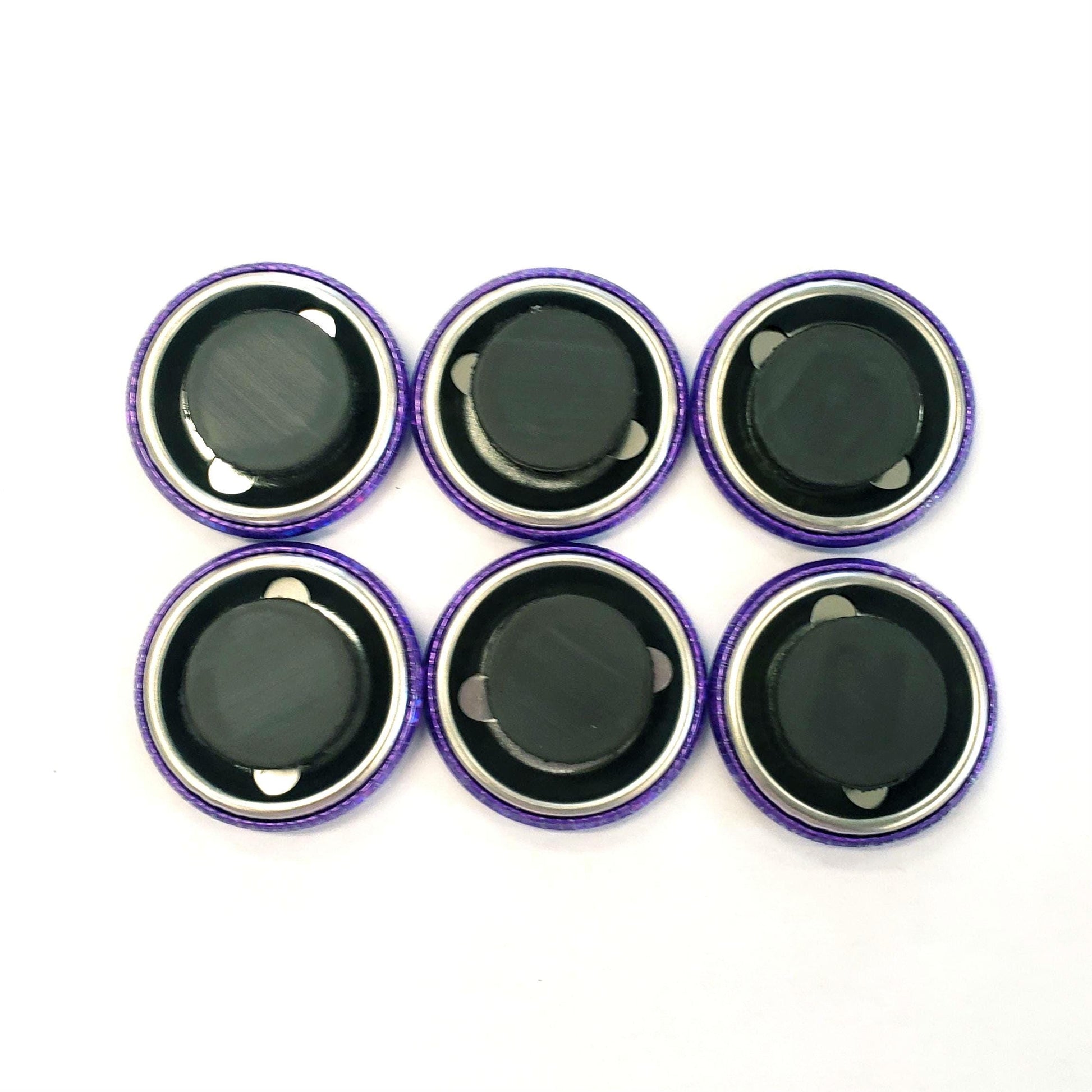 Set of 6 Purple Round Button Fridge Magnet Set, black metal gift tin included