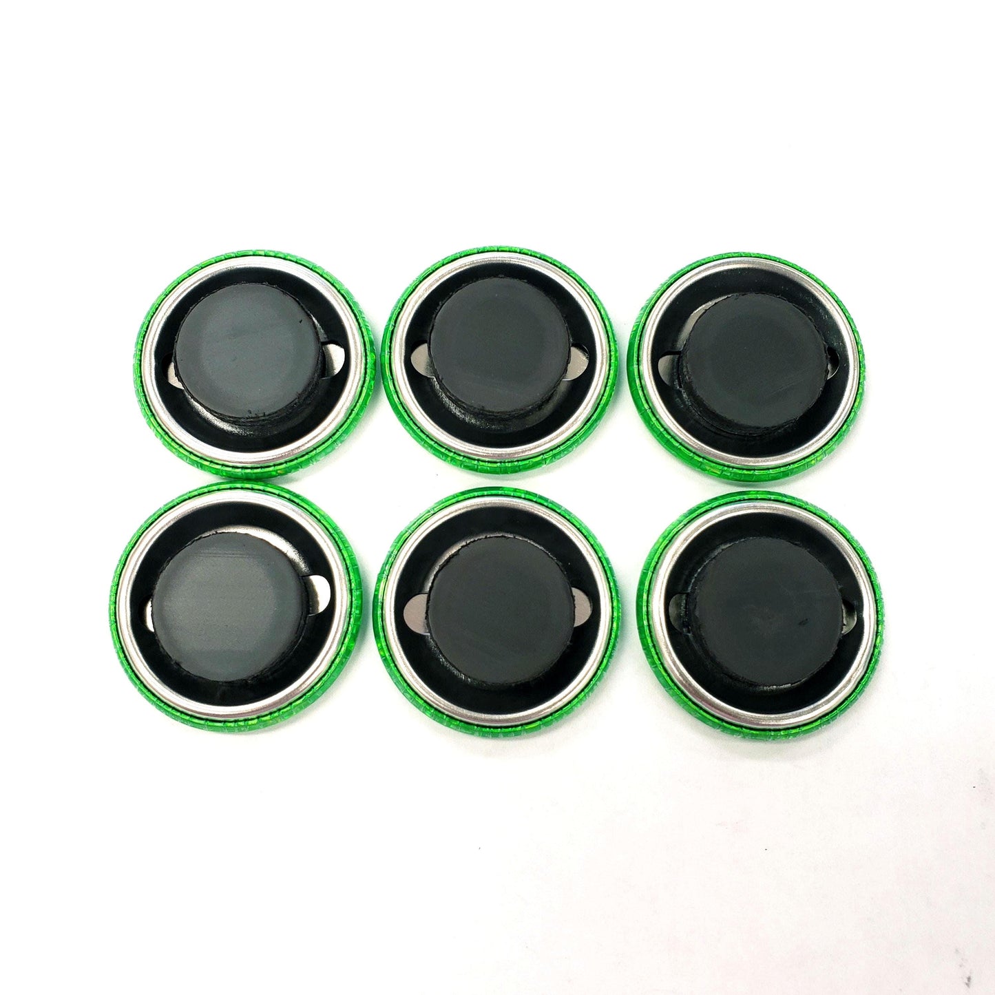 Set of 6 Green Round Button Fridge Magnet Set, black metal gift tin included