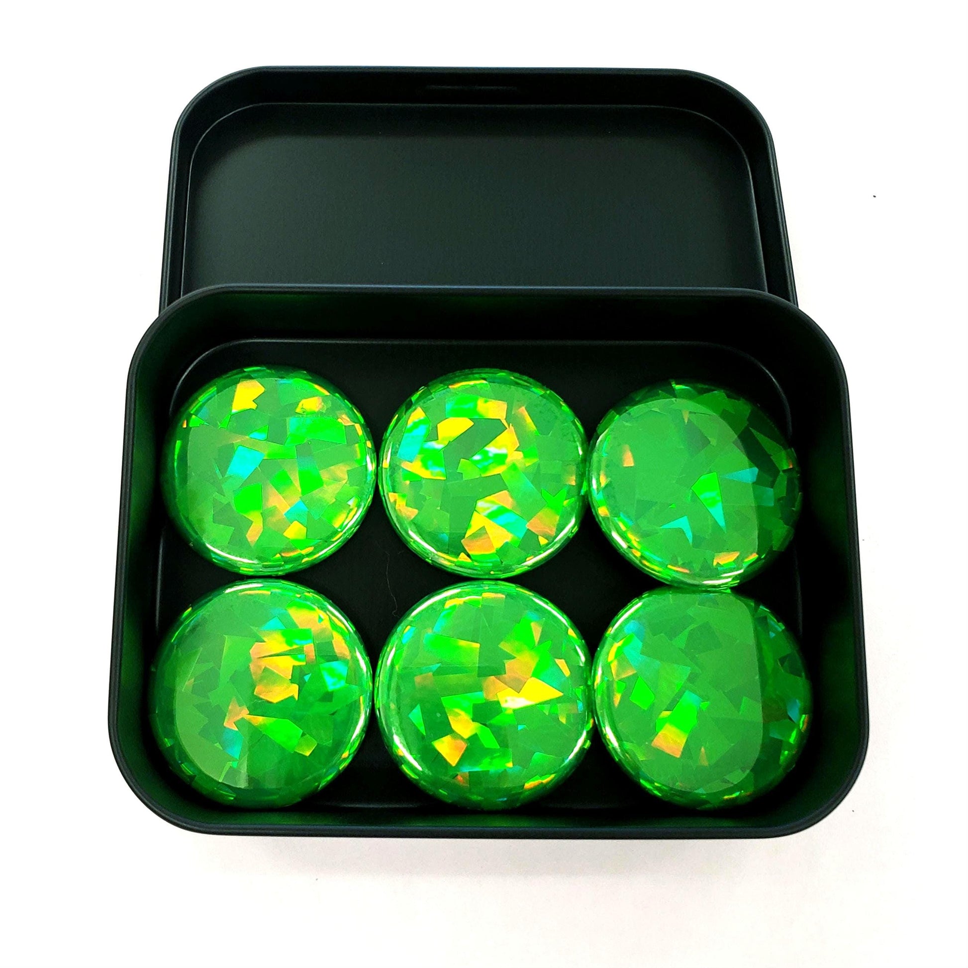 Set of 6 Green Round Button Fridge Magnet Set, black metal gift tin included