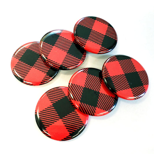 Set of 6 Red and Black Buffalo Plaid Pattern Round Button Fridge Magnet Set, black metal tin included