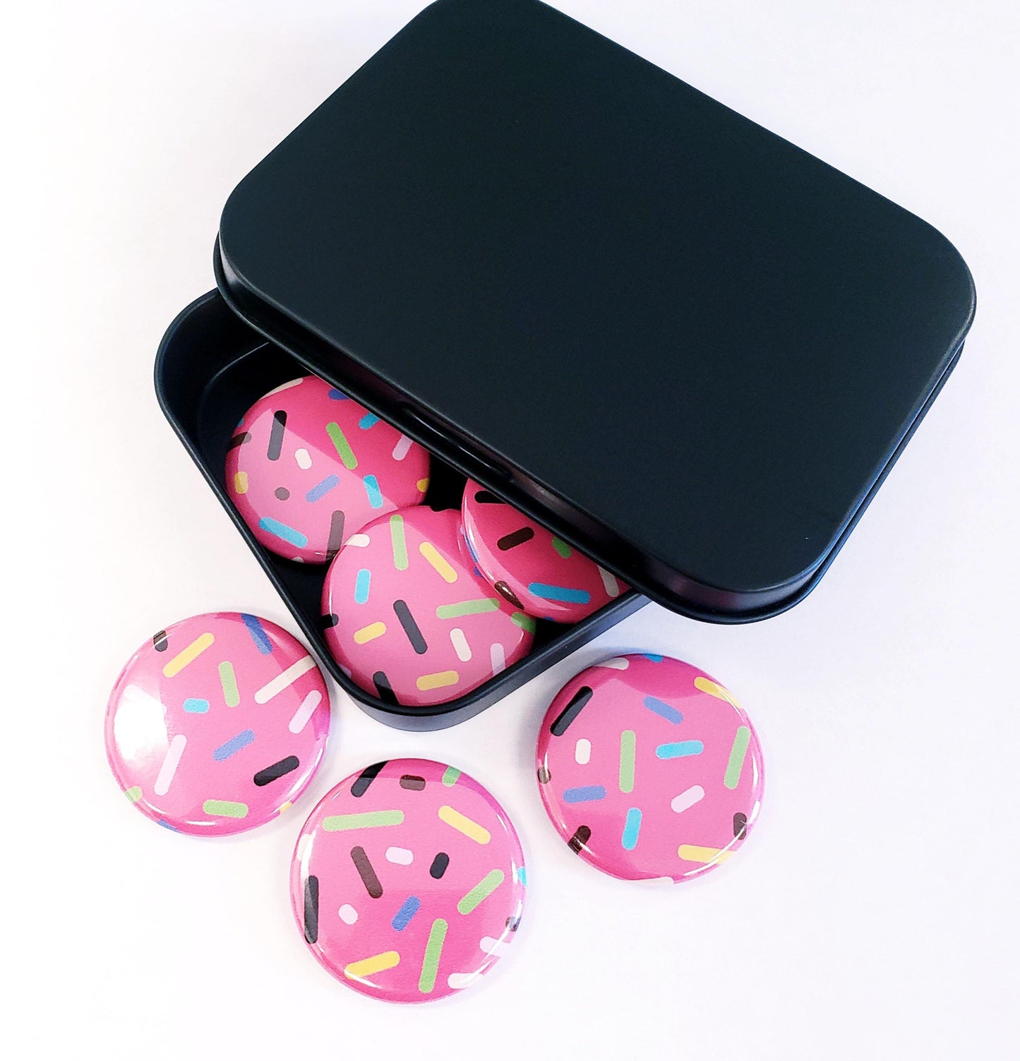 Set of 6 Cute Pink Cupcake Sprinkles Round Button Fridge Magnet Set, black metal tin included