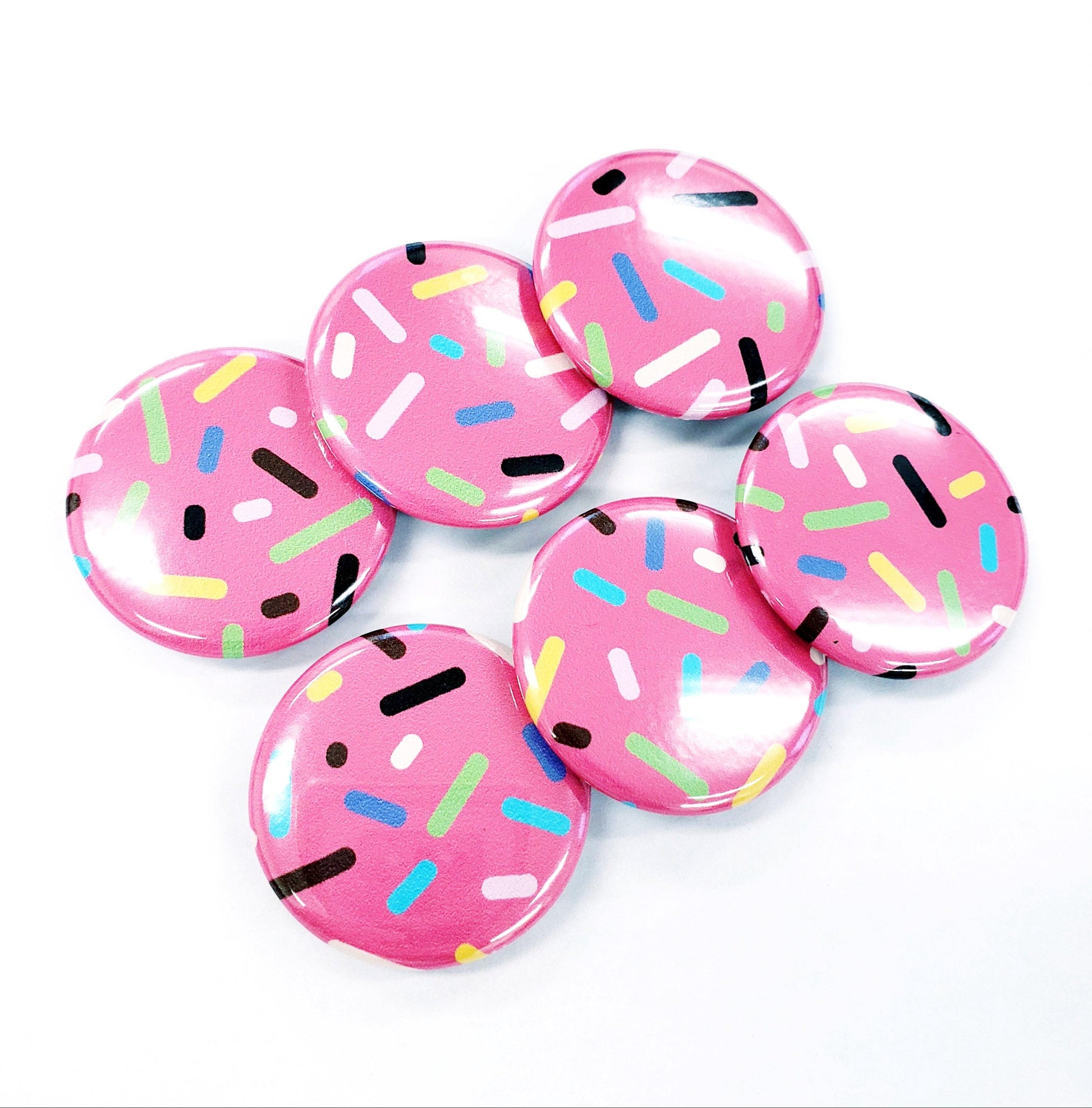 Set of 6 Cute Pink Cupcake Sprinkles Round Button Fridge Magnet Set, black metal tin included