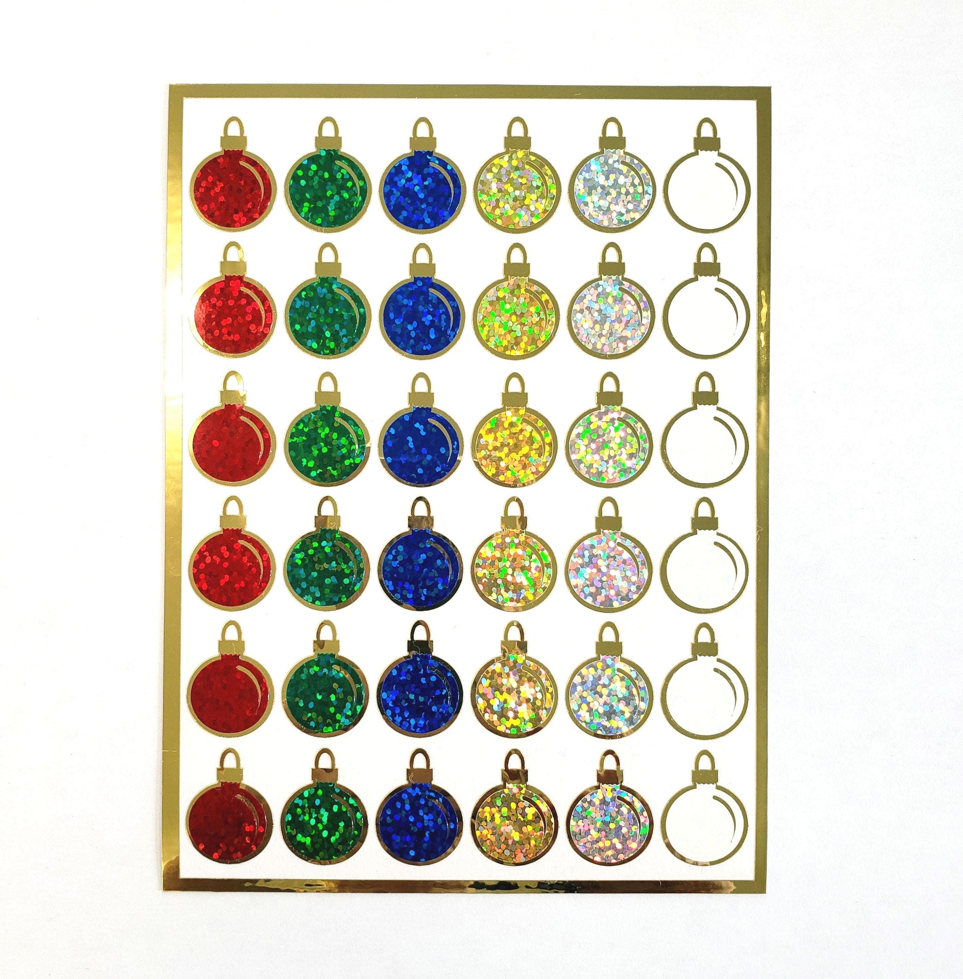 Christmas Ball Ornament Stickers, set of 36 colorful hand-crafted ornament stickers for holiday cards, gift tags and crafts. One inch balls.