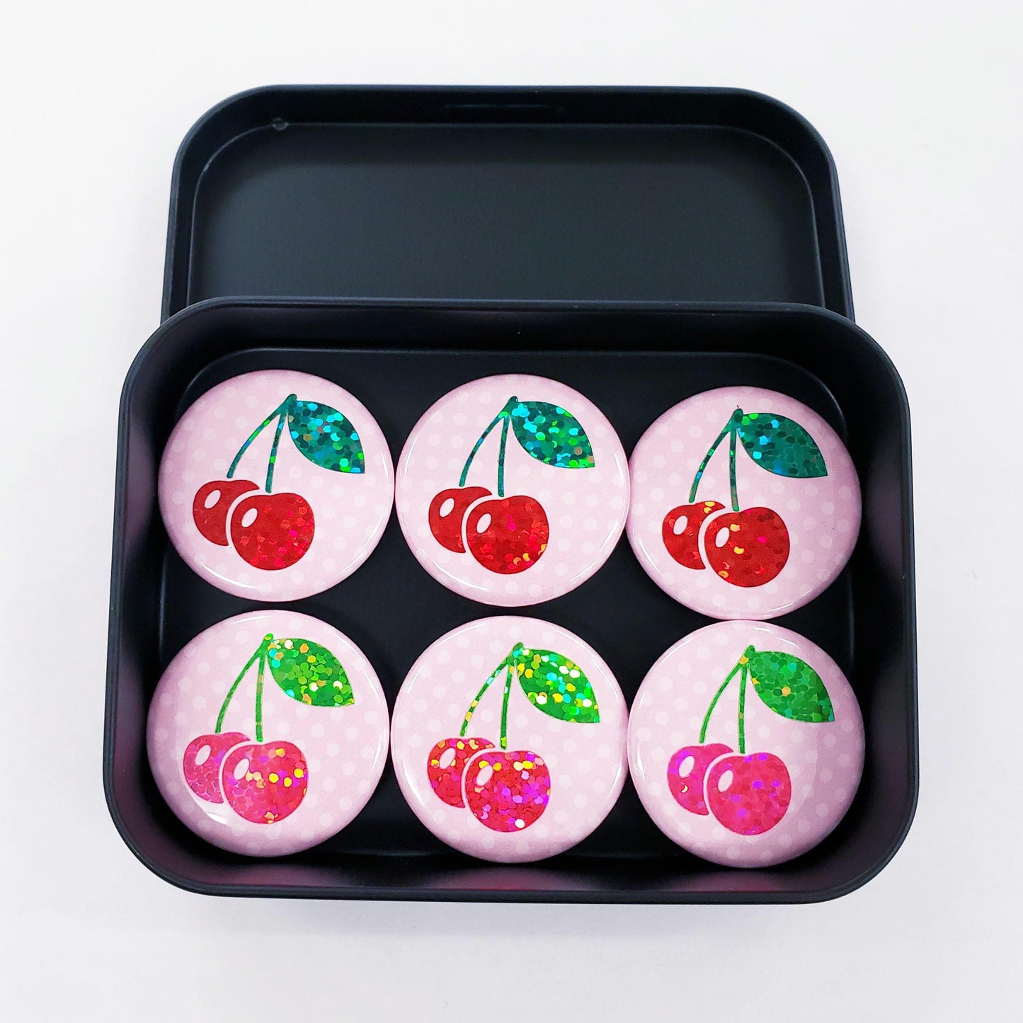 Cherry Fridge Magnets, Set of 6 round magnets for message boards and calendars, includes black metal container with lid, cute retro style.