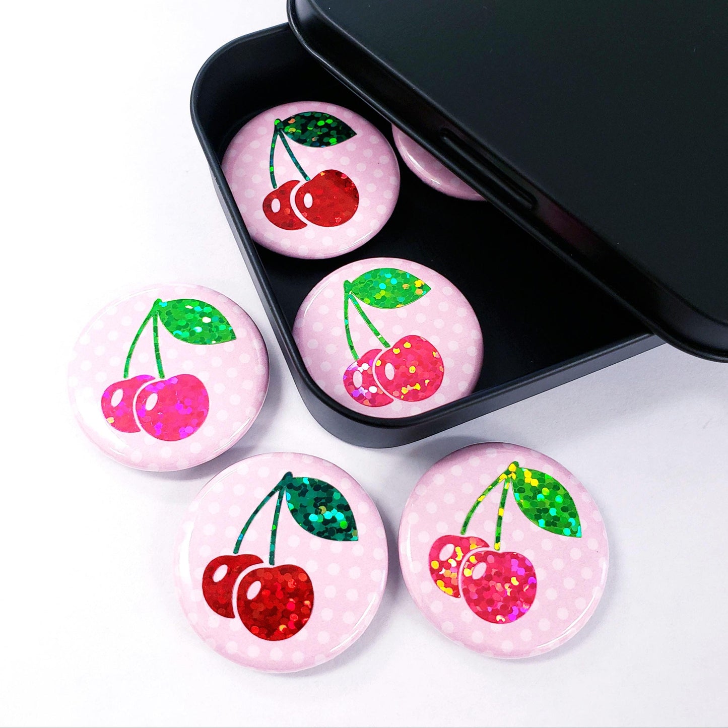 Cherry Fridge Magnets, Set of 6 round magnets for message boards and calendars, includes black metal container with lid, cute retro style.