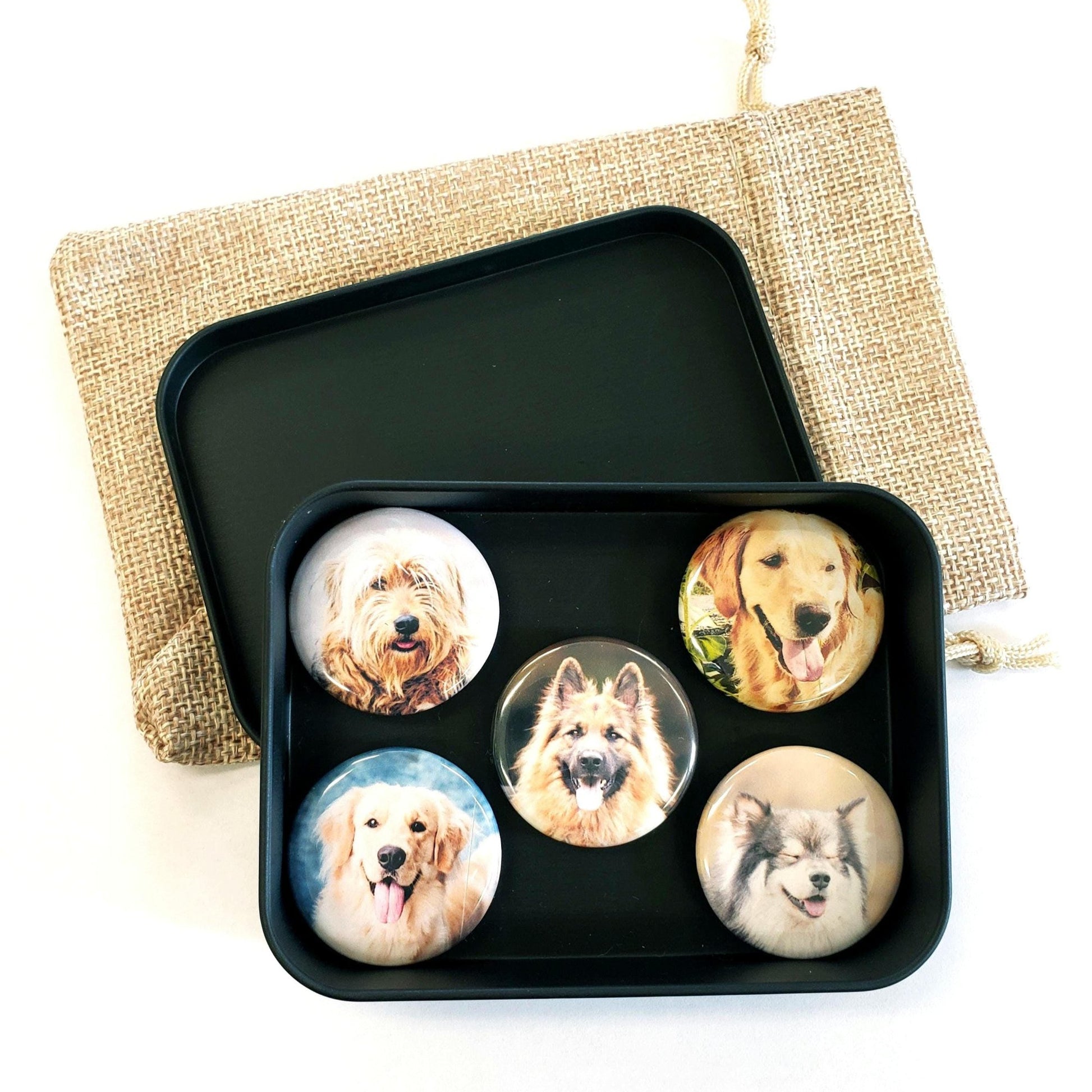 Custom Dog Photo Magnets, set of 5, full color 1.25" round magnets in black metal gift tin, gift for dog lover.