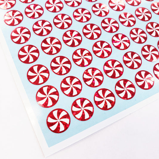 Peppermint Candy Stickers, set of 96 extra small sparkly red and white pinwheel peppermint stickers for Christmas, holiday cards and gifts.