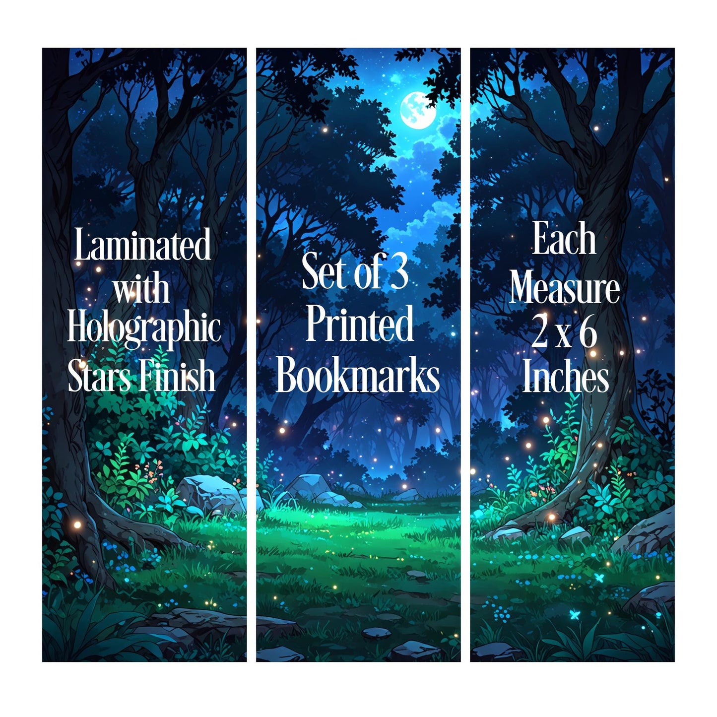 Fantasy Bookmarks, set of 3 laminated bookmarks with enchanted forest design, bookish gift for avid readers.