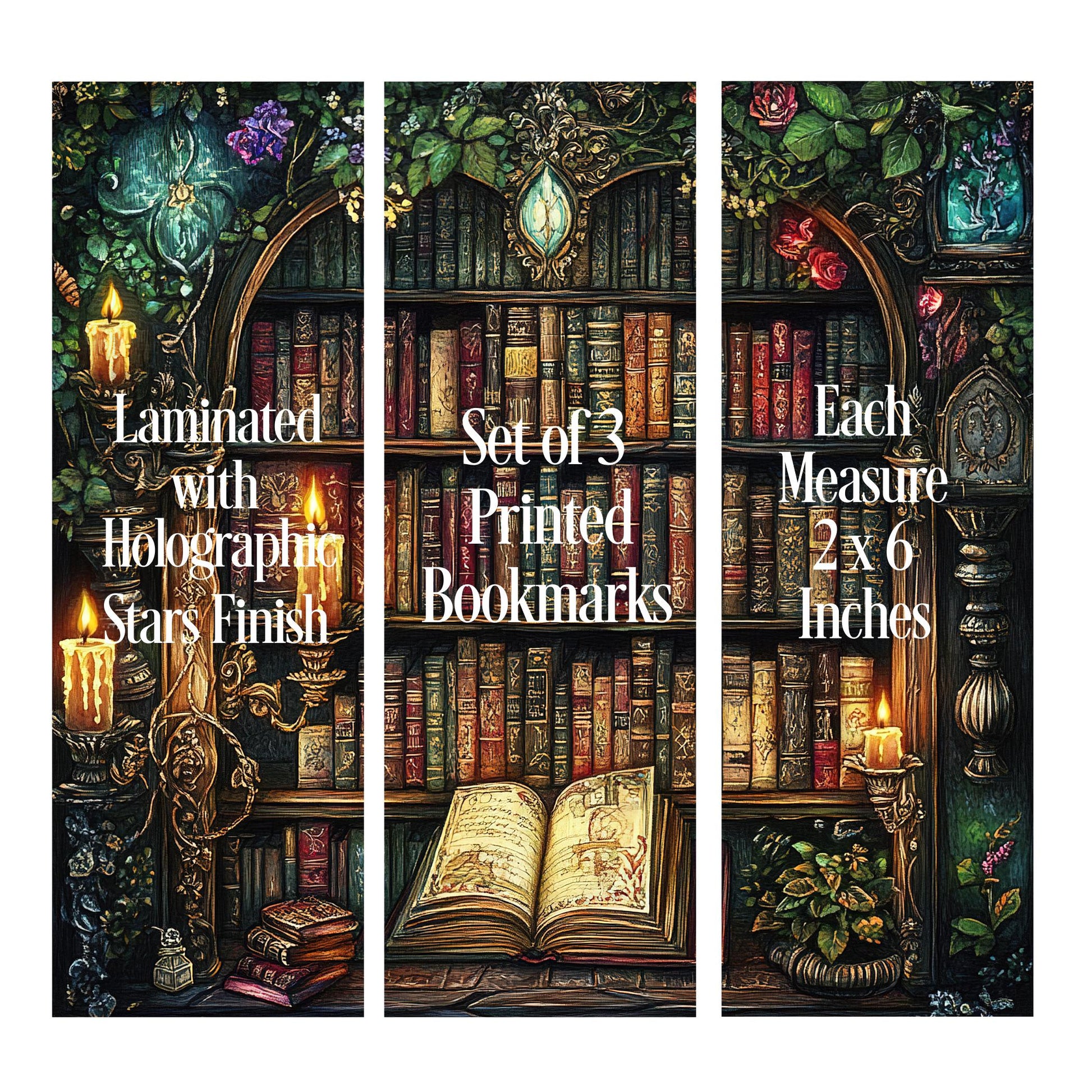 Enchanted Library Bookmarks, set of 3 laminated gothic bookmarks with mystical bookshelf design, bookish gift for avid readers.